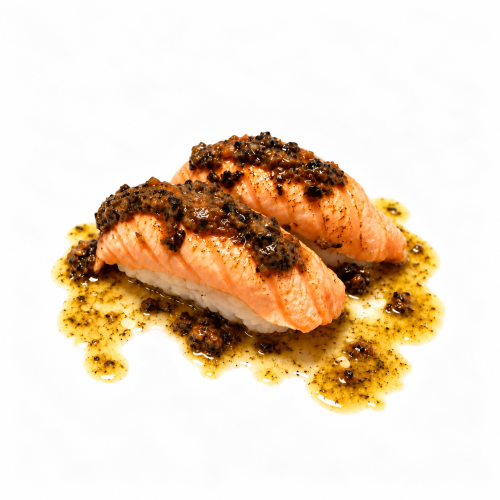 nigiri de salmon flameado con trufa
